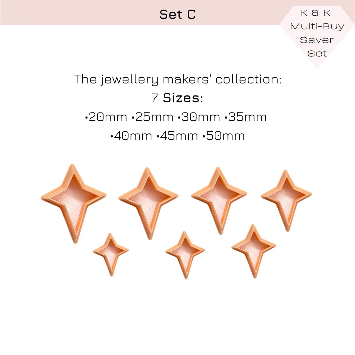 Promotional graphic for a jewelry makers' collection set labeled 'Set C' with text listing seven sizes and six star-shaped clay cutters on a white background.
