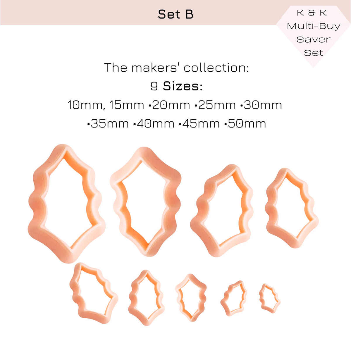 A set of peach-colored cookie cutters shown on a white background with text listing nine sizes from 10mm to 50mm under the heading 'The makers' collection: 9 Sizes:'.
