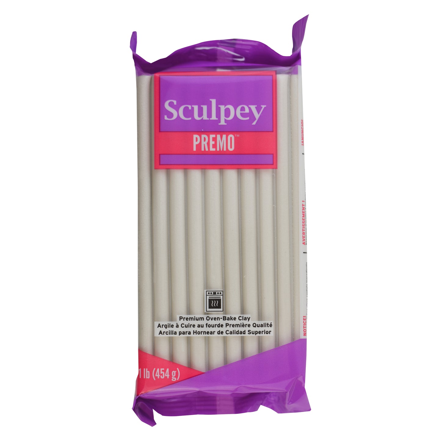 Pack of Sculpey Premo pearl white oven-bake polymer clay with purple and white packaging on a white background
