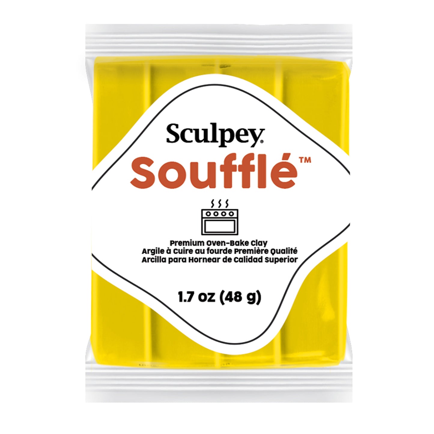 Sculpey Souffle in packaging with yellow clay and white label on a white background - cadmium yellow