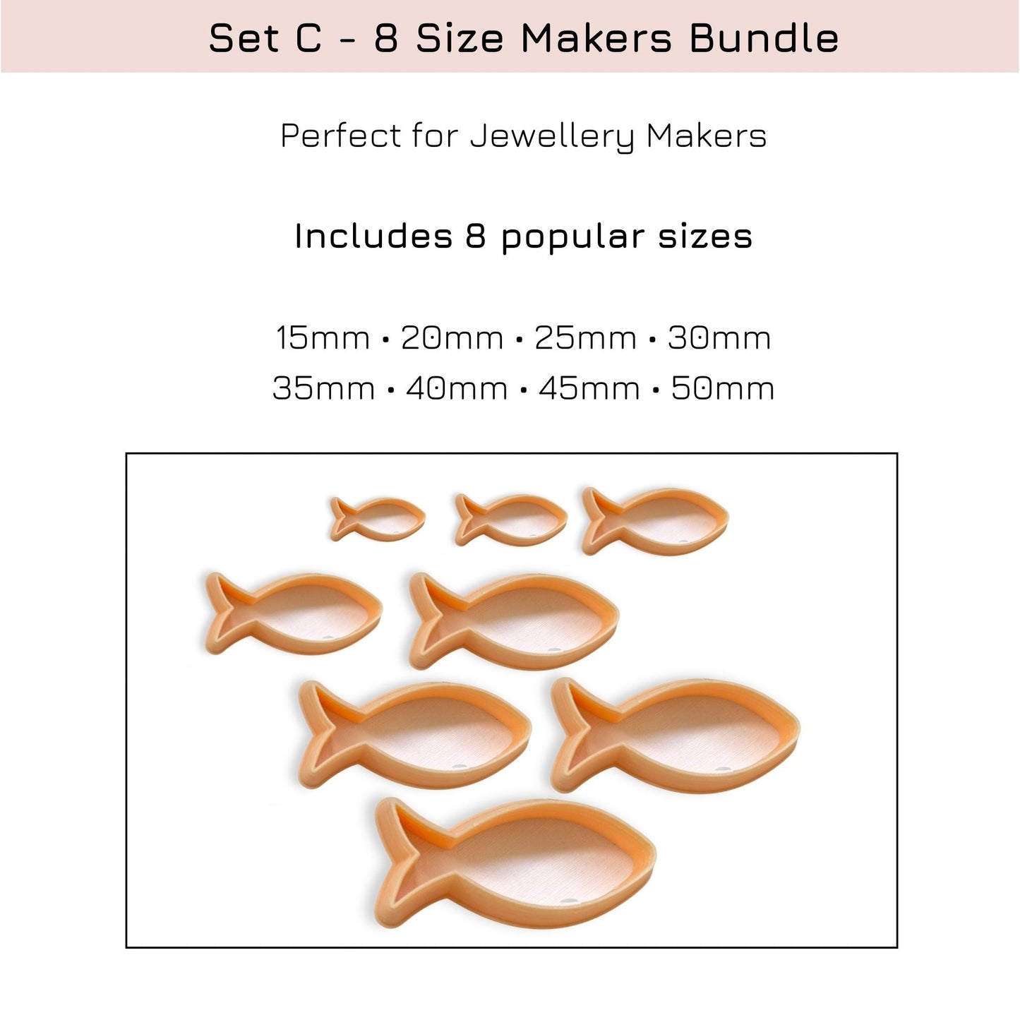 Set of 8 fish-shaped clay cutters - perfect for jewellery makers - from 15-50mm, with product details on a white background