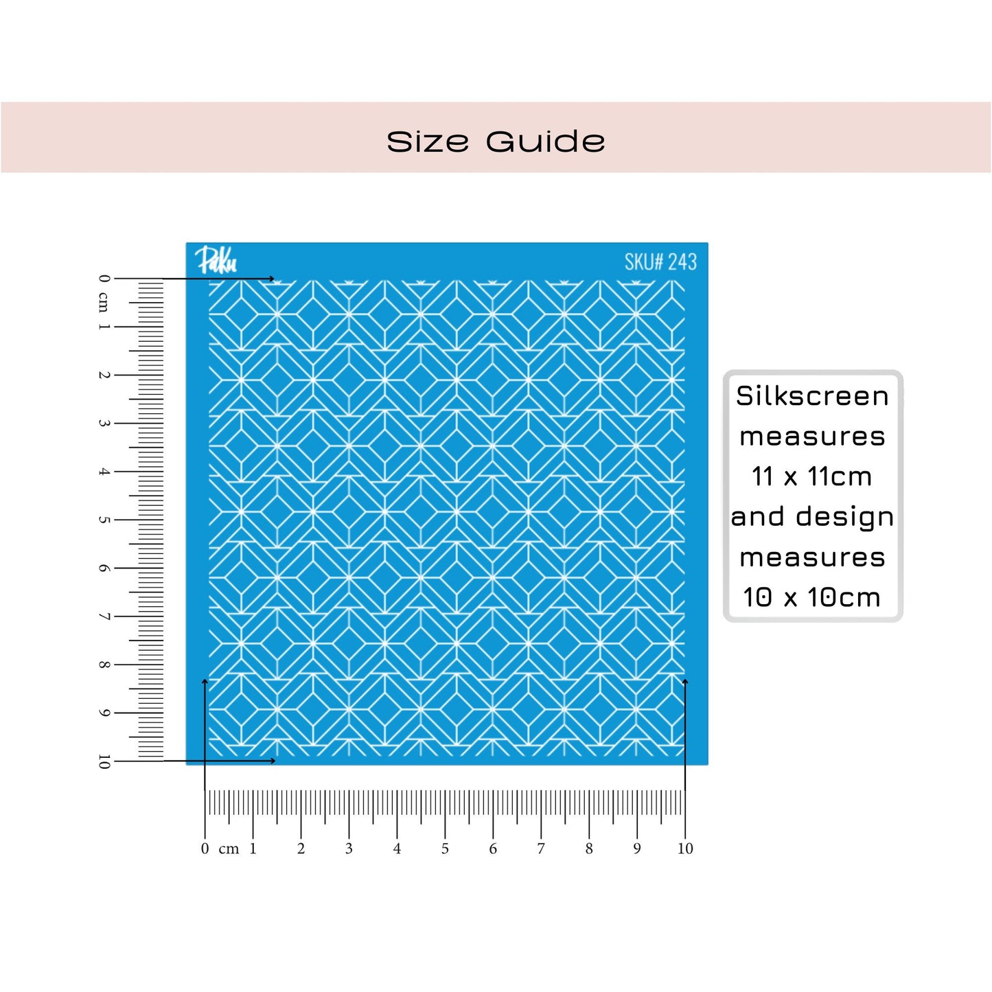 Silkscreen size guide with blue mesh and measurement details on a white background