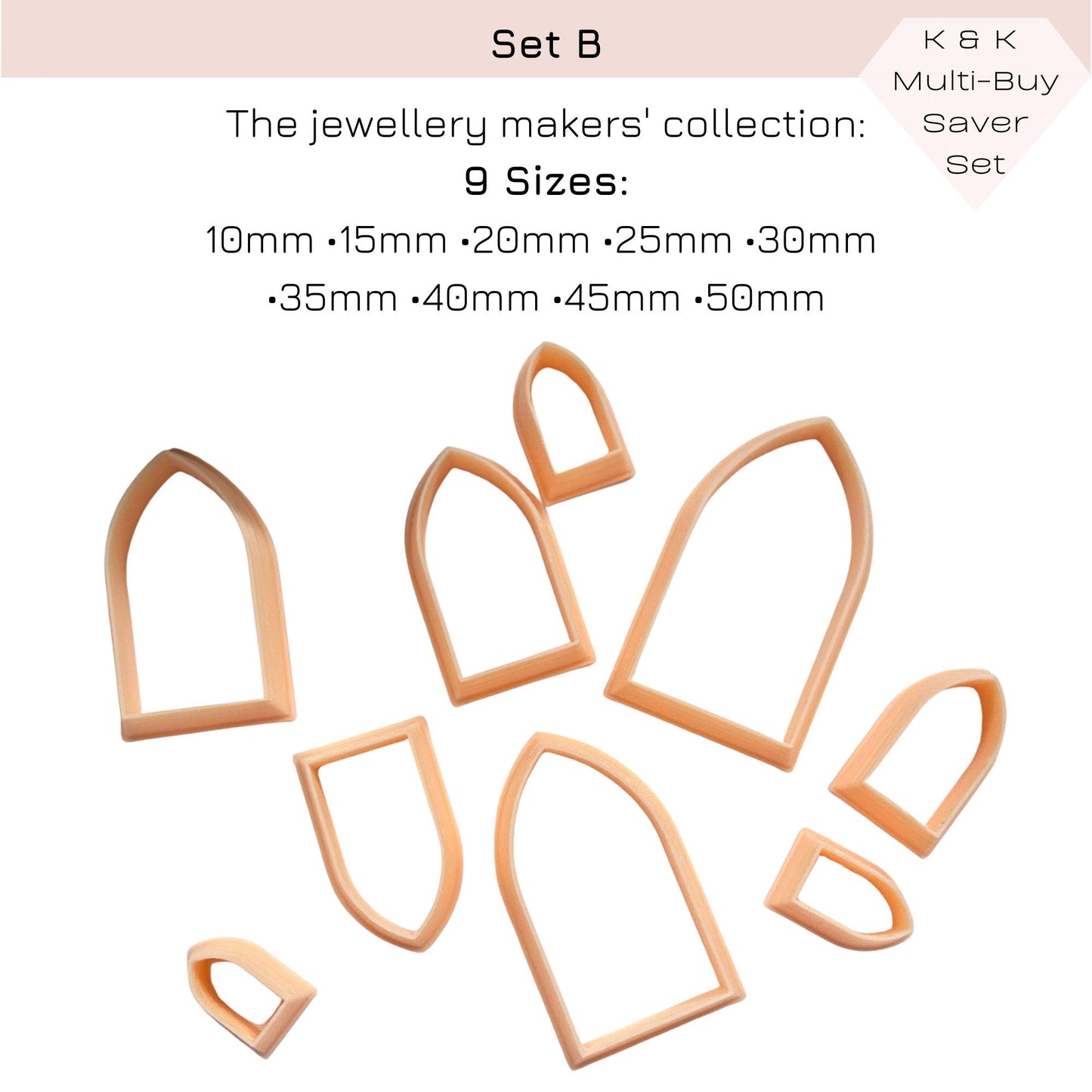 Gothic arch clay cutter for jewellery makers - set of nine sizes