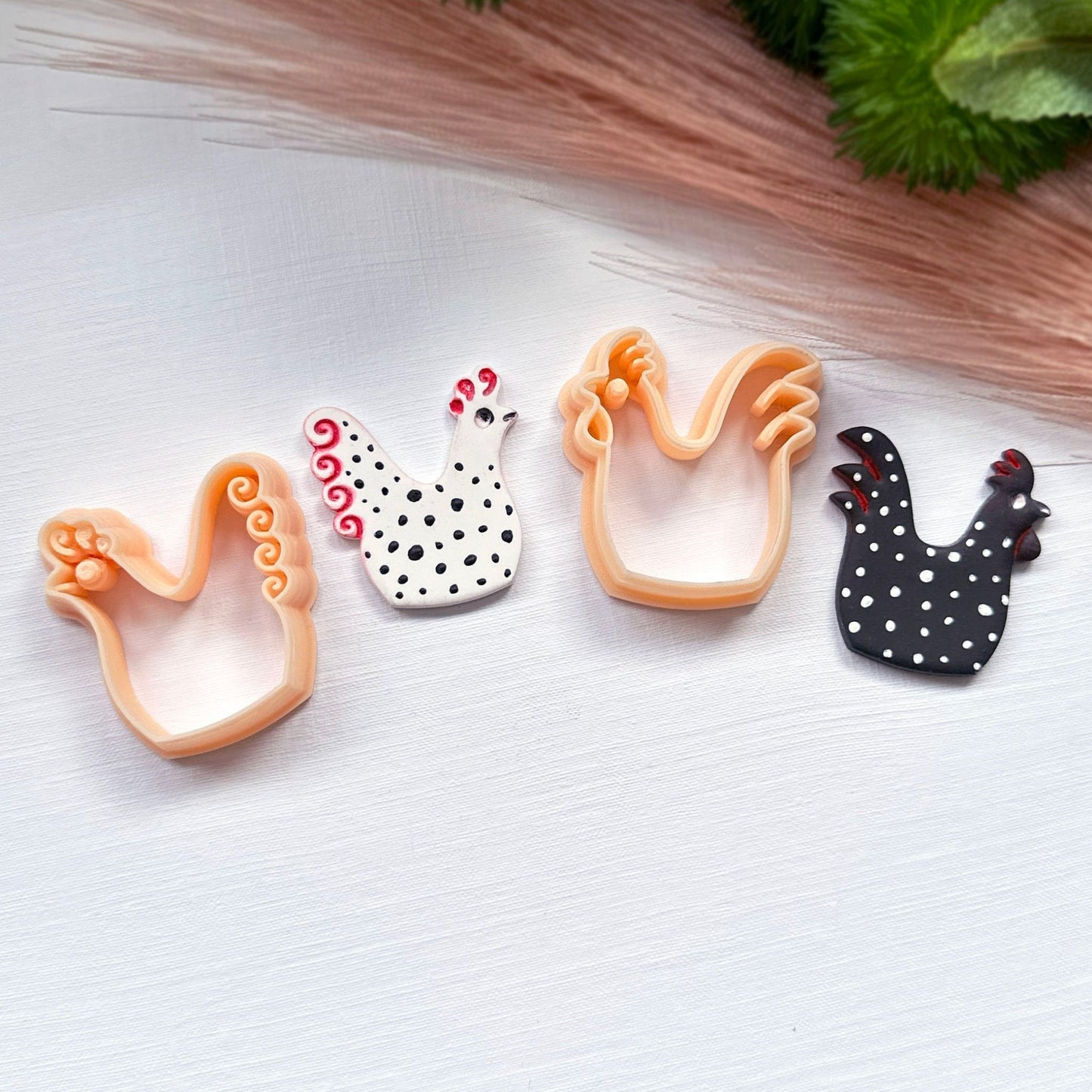 Rooster and chicken clay cutter for polymer clay crafts and jewellery making. They are made using the 35mm clay cutter,