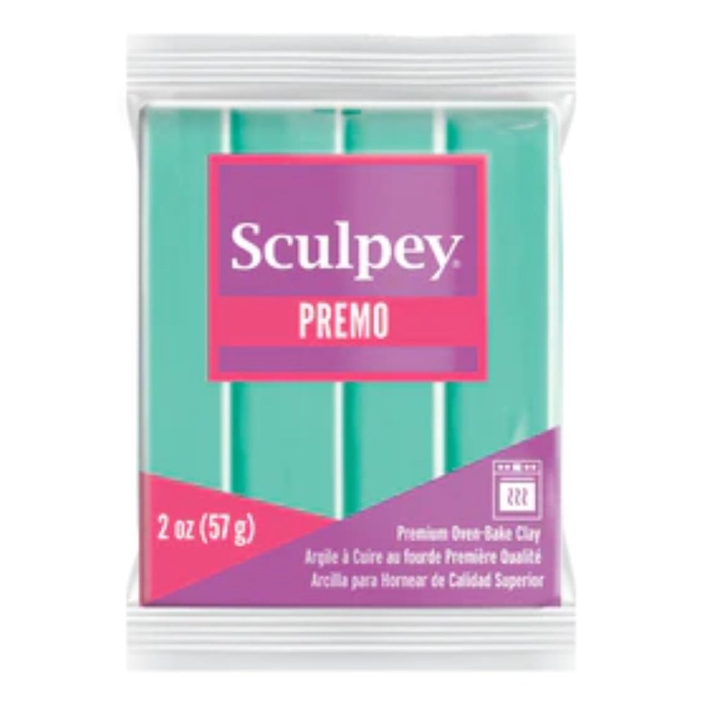 Sculpey Premo Polymer Clay | 57g - 5062 Mint Green - A fresh, cool colour with a smooth, solid finish, mint is a soft pastel shade that brings a light, airy feel to modern and fresh designs. Its clean tone makes it perfect for spring palettes and contemporary jewellery pieces.