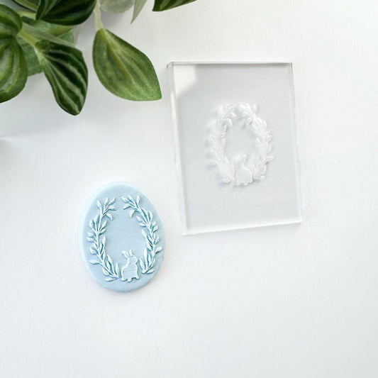 Egg shape bunny in wreath mini acrylic embossing stamp -