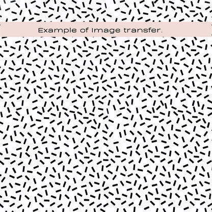 A silkscreen stencil repeating black dash pattern on a white background with a pale pink horizontal band across the top containing the text 'Example of image transfer.'.