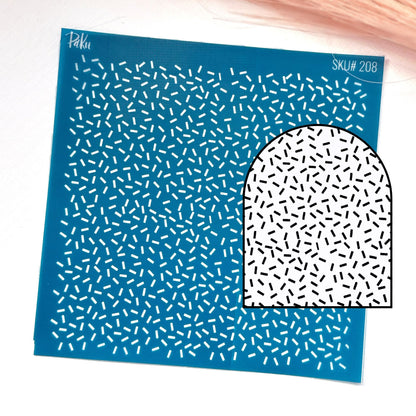 A blue patterned silkscreen stencil with small white dash-like marks, shown on a white background with a smaller inset of a white arch-shaped area covered in black dash-like marks. Visible text includes 'Paku' and 'SKU# 208'.
