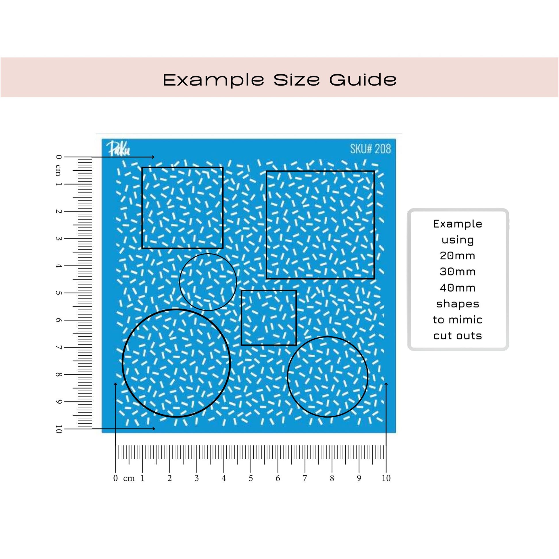 A size guide diagram showing a blue patterned sheet with black outline cut shapes and ruler markings in centimeters, labeled 'Example Size Guide' with additional text about using 20mm, 30mm, and 40mm shapes.