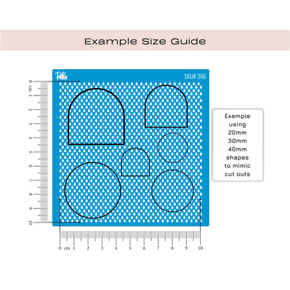 A size guide diagram showing a blue silkscreen square template with black outline cut-out shapes, rulers on the left and bottom edges, and text reading 'Example Size Guide' and 'Example using 20mm, 30mm, 40mm shapes to mimic cut outs'.