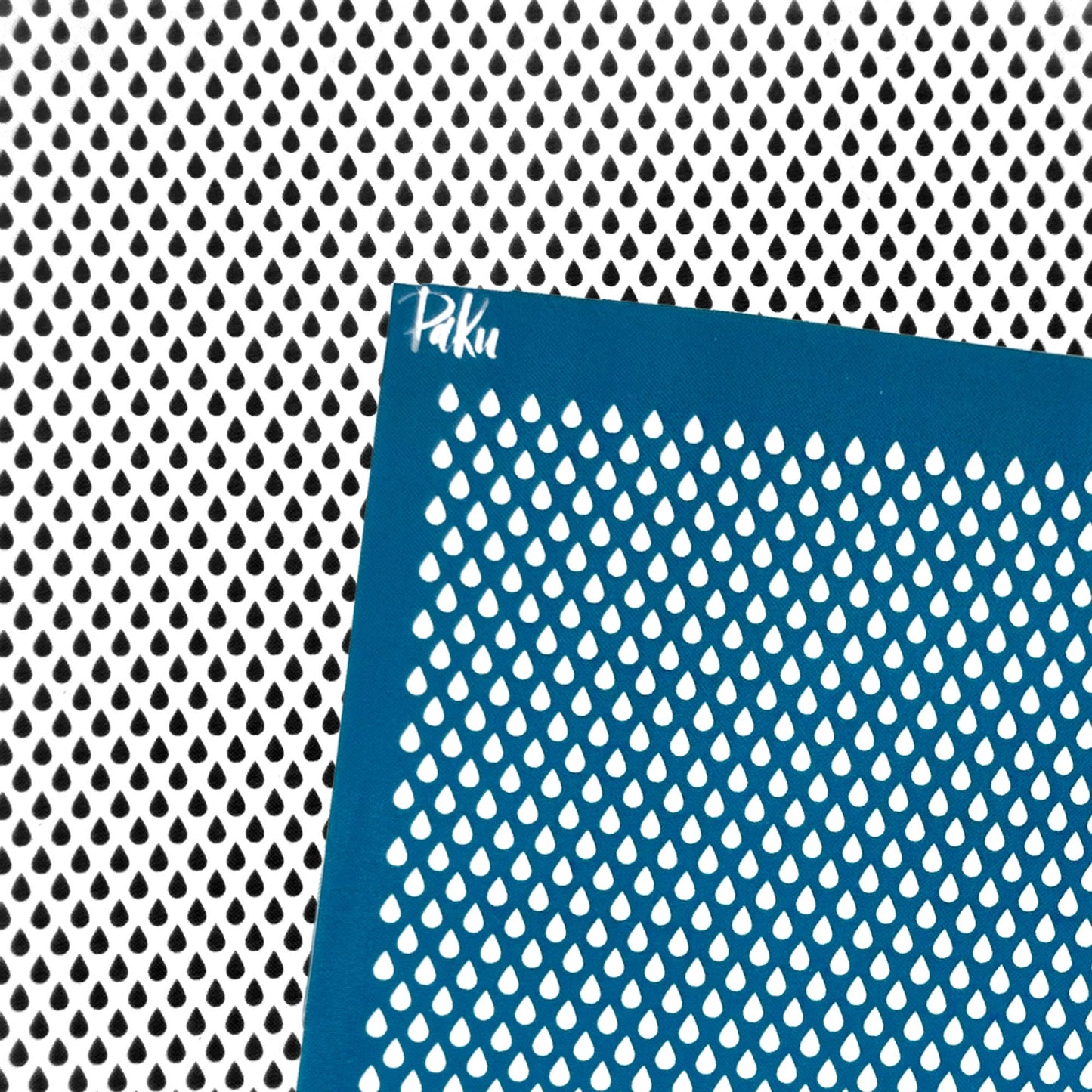 A blue silkscreen stencil sheet with a repeating teardrop-shaped cutout pattern, shown against a matching black-and-white perforated metal background. The brand name 'Paku' is printed in white near the top-left corner of the stencil.