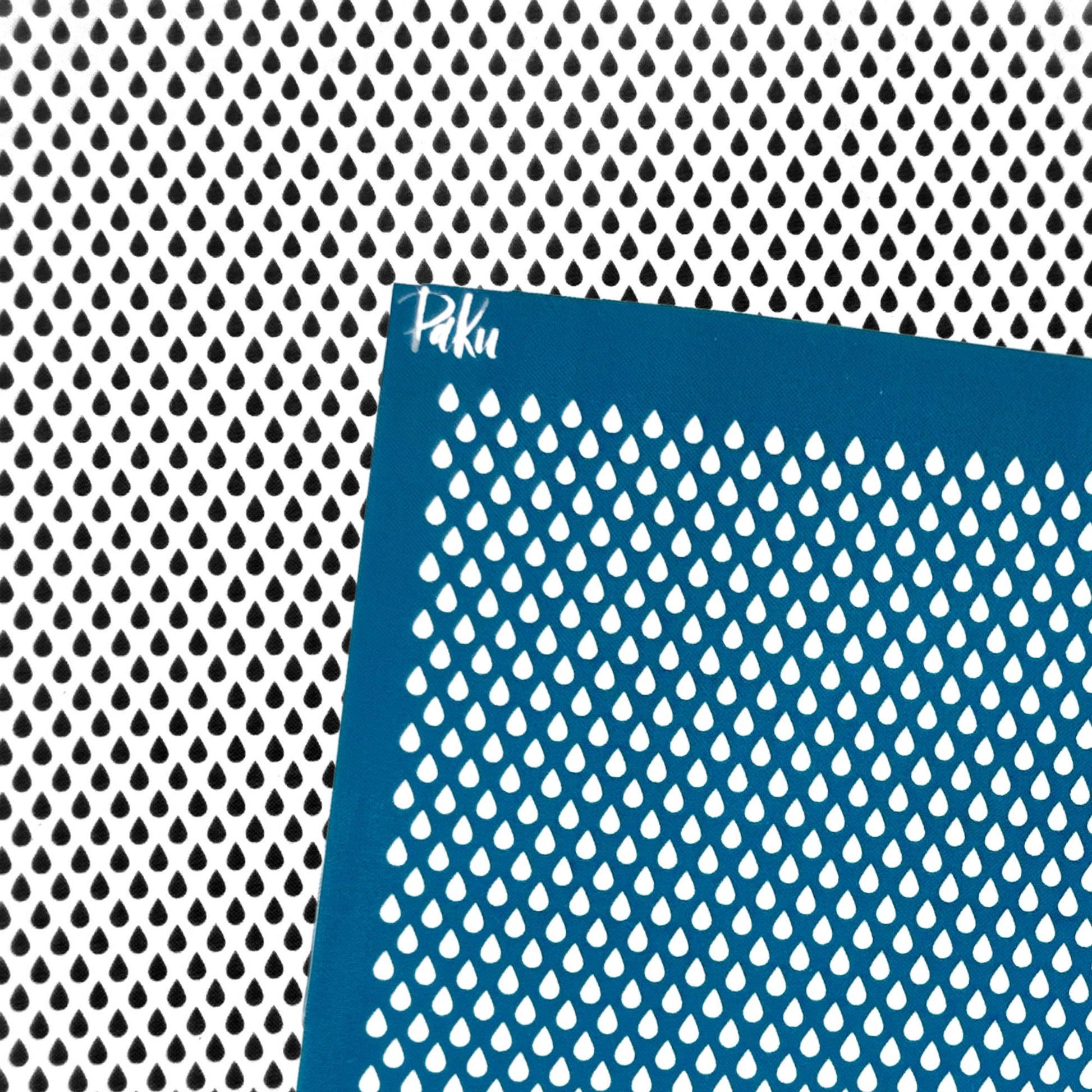 A blue silkscreen stencil sheet with a repeating teardrop-shaped cutout pattern, shown against a matching black-and-white perforated metal background. The brand name 'Paku' is printed in white near the top-left corner of the stencil.