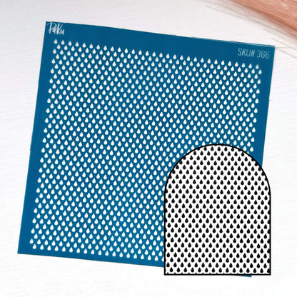 A blue rectangular silkscreen stencil sheet with a repeating teardrop-shaped cutout pattern, shown on a white background with a smaller inset preview of the cutout shape.