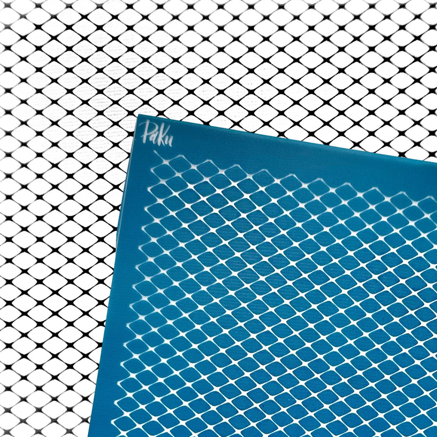 A close-up of a blue silkscreen stencil with a white diamond mesh pattern, placed diagonally over a larger white mesh background. The small white script logo in the top-left corner of the blue panel appears to read 'Haku'.