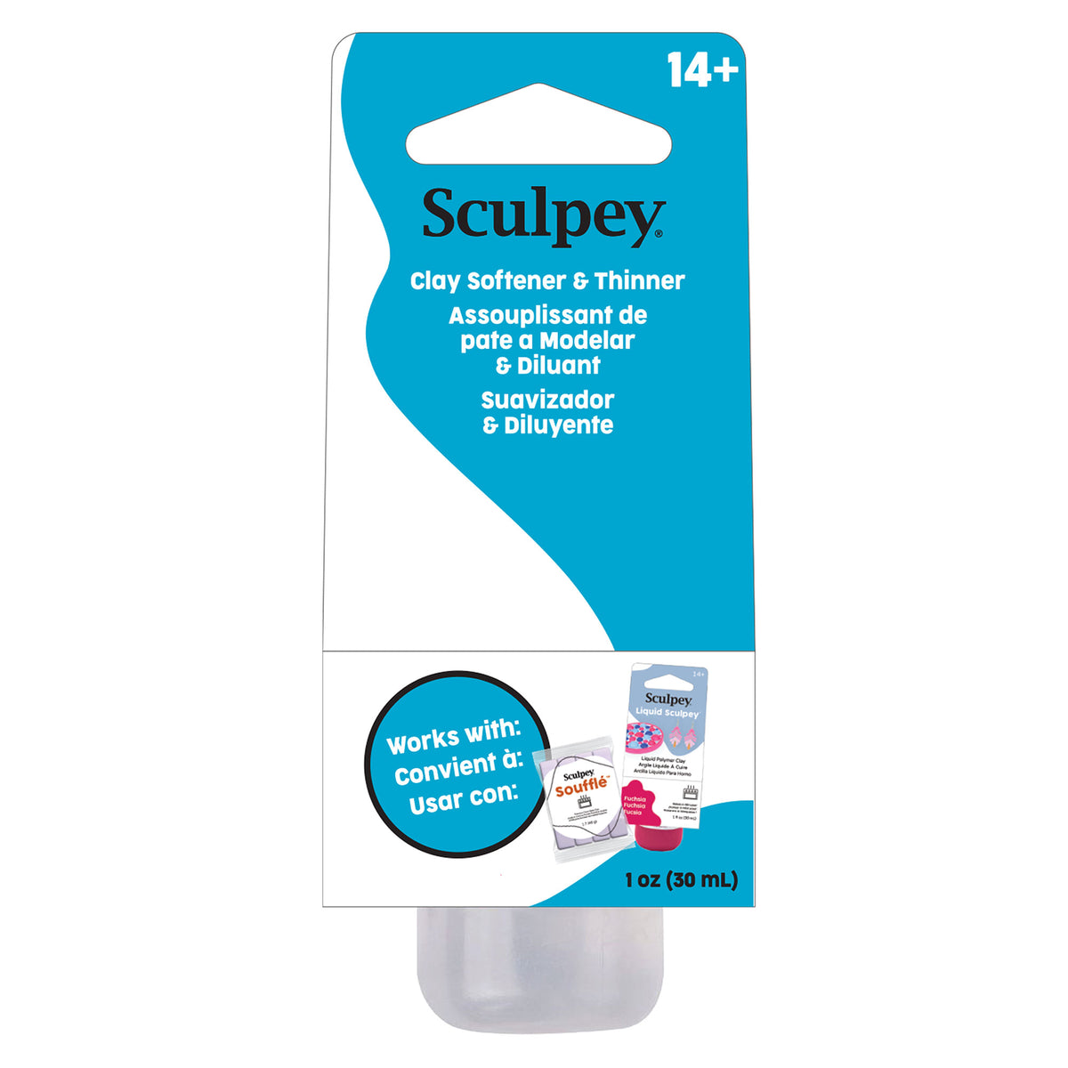 Sculpey Clay Softener & Thinner 1 oz (30 mL) clay activator bottle in its original retail packaging, featuring a blue and white card with product details and compatibility icons.