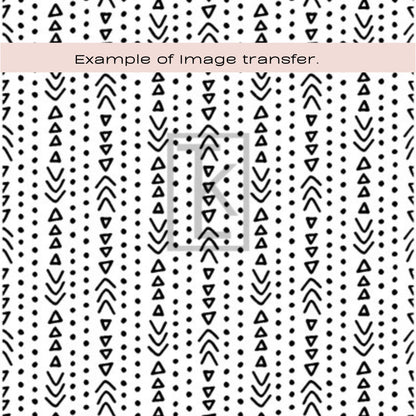 Silkscreen - A repeating black-and-white pattern of small dots, triangles, and curved arrow-like marks, with a pale pink banner across the top reading 'Example of image transfer.'.