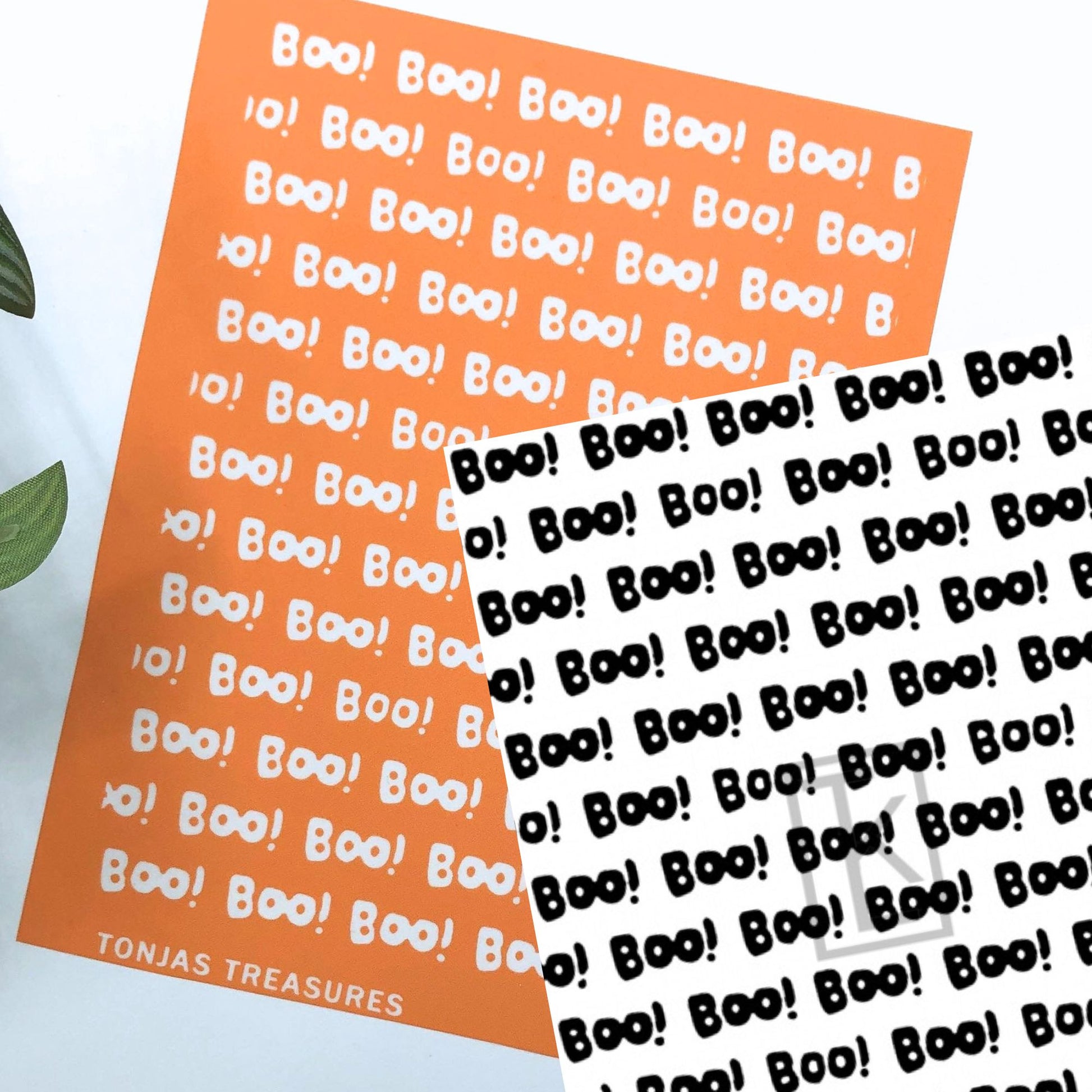 Two silkscreen sheets featuring the word 'Boo!' repeated in white on an orange sheet and in black on a white sheet, with the brand name 'TONJAS TREASURES' printed on the orange sheet.