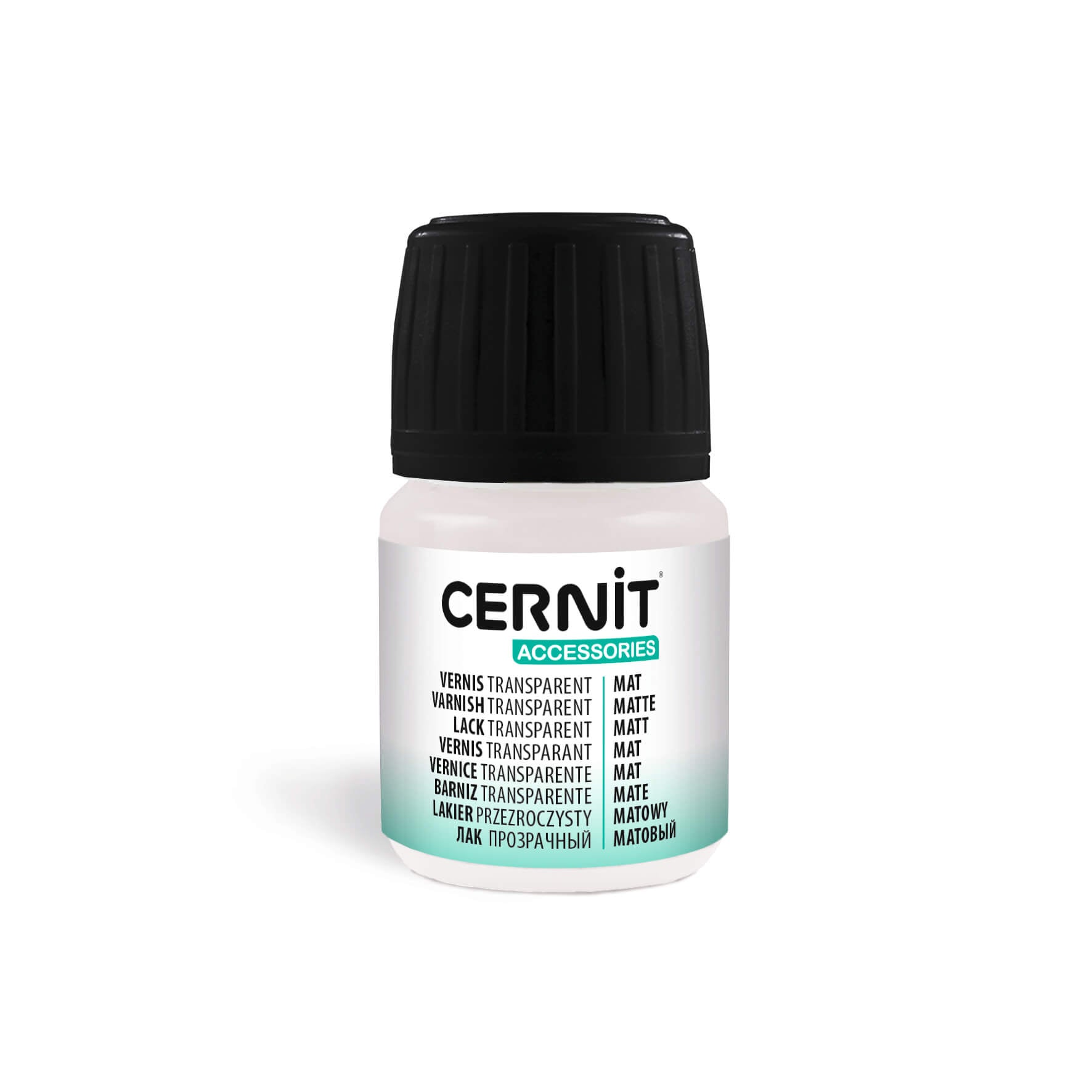 Cernit vernish in matt for polymer clay - container with black lid on a white background