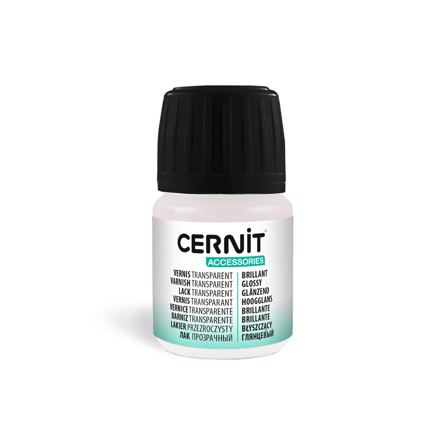 Cernit glossy varnish for polymer clay - 30ml  container with black lid on a white background
