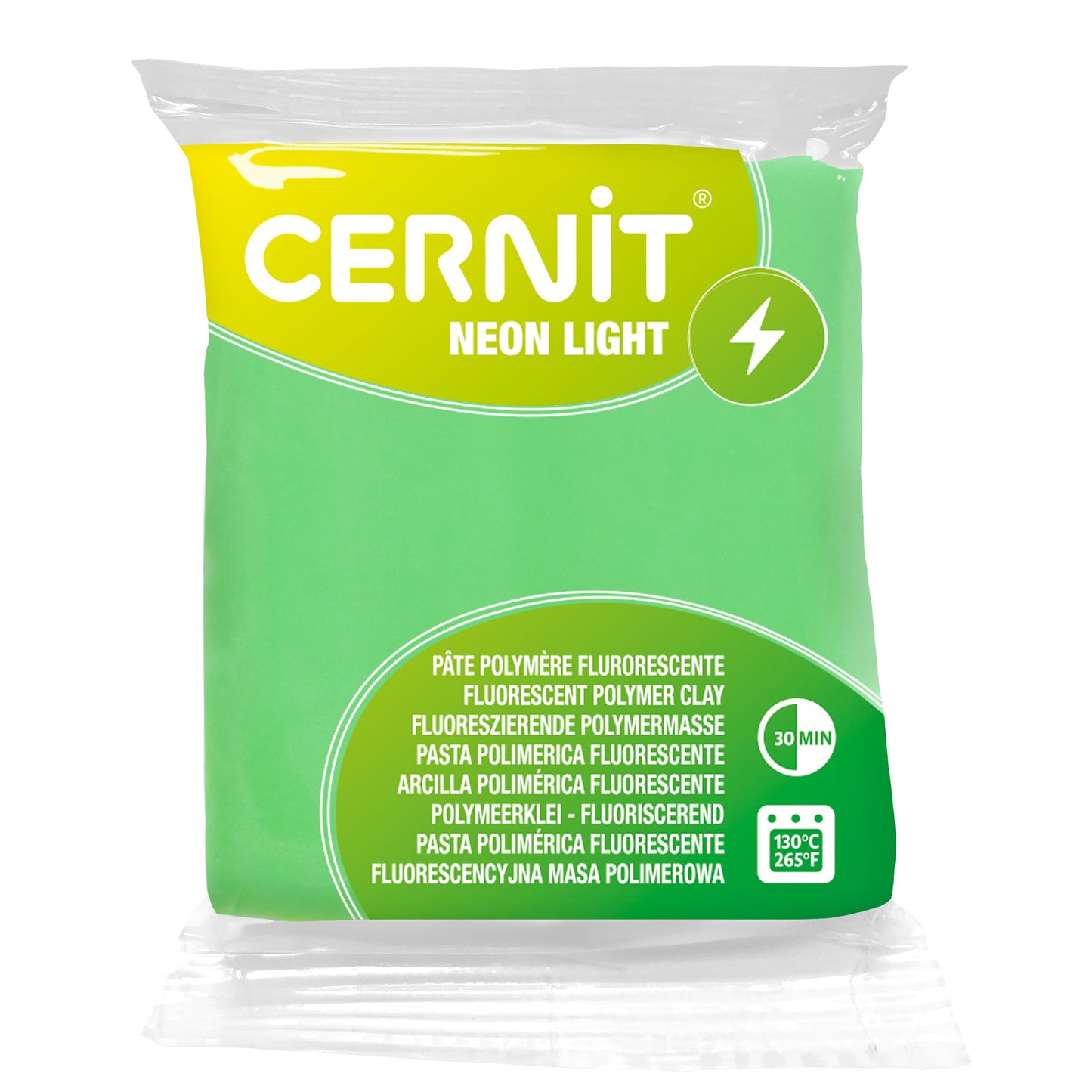 Cernit neon green polymer clay in packaging on a white background