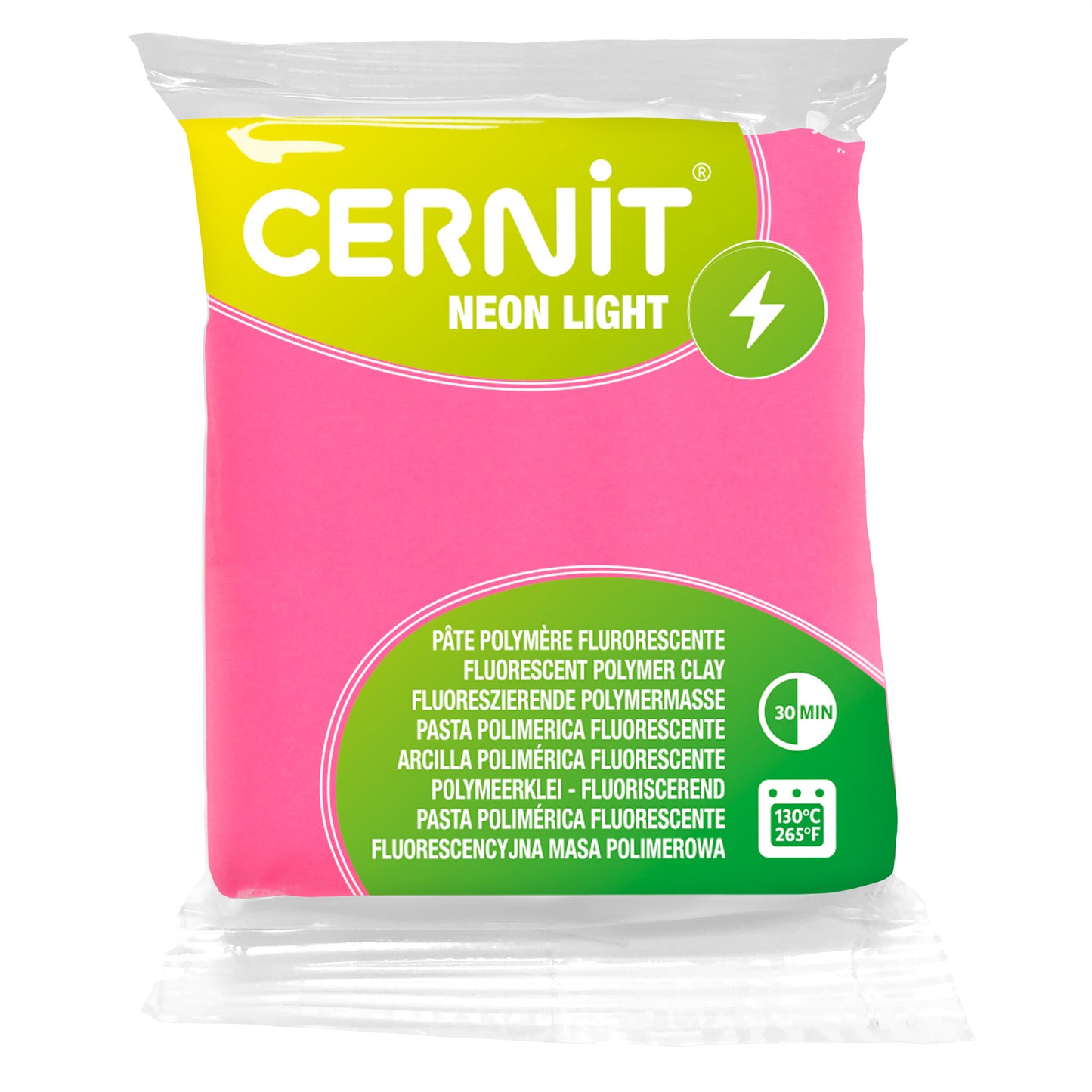 A vibrant fluorescent pink. Fuchsia from the Cernit Neon range of polymer clay. Packaged 56g bar on a white background.