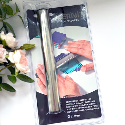 Metal roller in packaging with brand name Cernit on a white surface with flowers.
Cernit Rolling Pin | Stainless Steel - for polymer clay