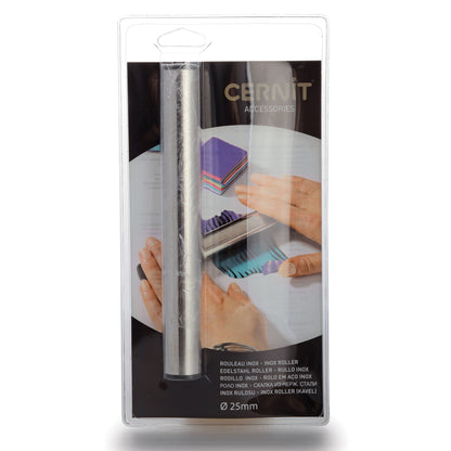 Packaged clay roller with Cernit branding on a white background. Cernit Rolling Pin | Stainless Steel - for polymer clay