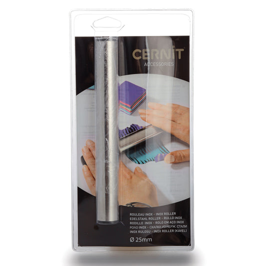 Packaged clay roller with Cernit branding on a white background. Cernit Rolling Pin | Stainless Steel - for polymer clay