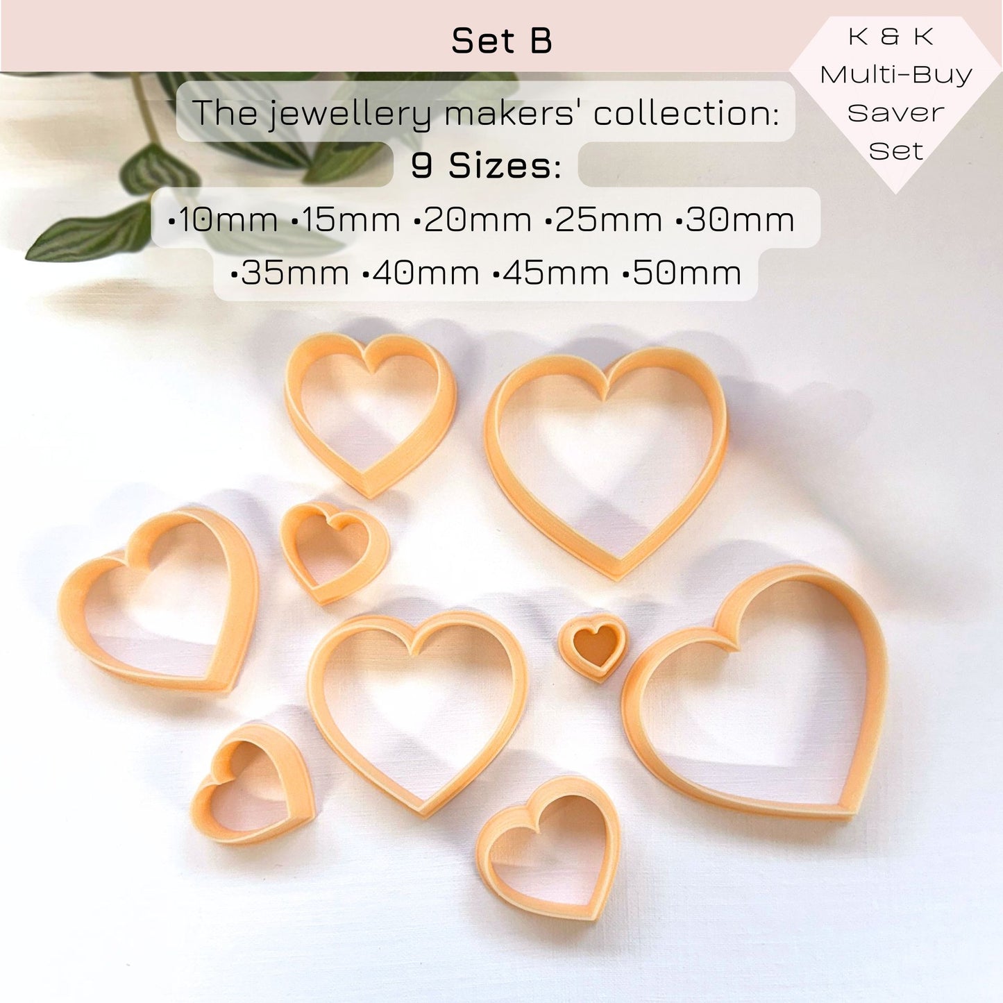 Nine peach-colored heart-shaped clay cutters in different sizes, displayed on a white background with promotional text overlays.