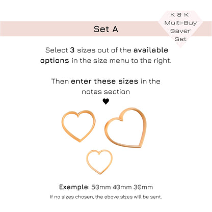Instruction graphic for a heart-shaped clay cutter set labeled Set A, showing three heart cuttters on a white background with text explaining how to select sizes from the menu and enter them in the notes section.