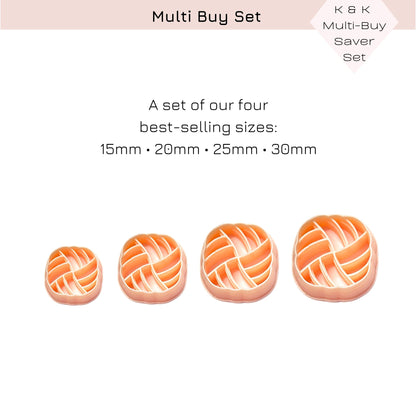 A promotional graphic for a multi-buy set showing four braided square clay cutters in sizes 15mm, 20mm, 25mm, and 30mm. The set includes descriptive text and a brand badge for 'K&K Multi-Buy Saver Set' on a clean white background.