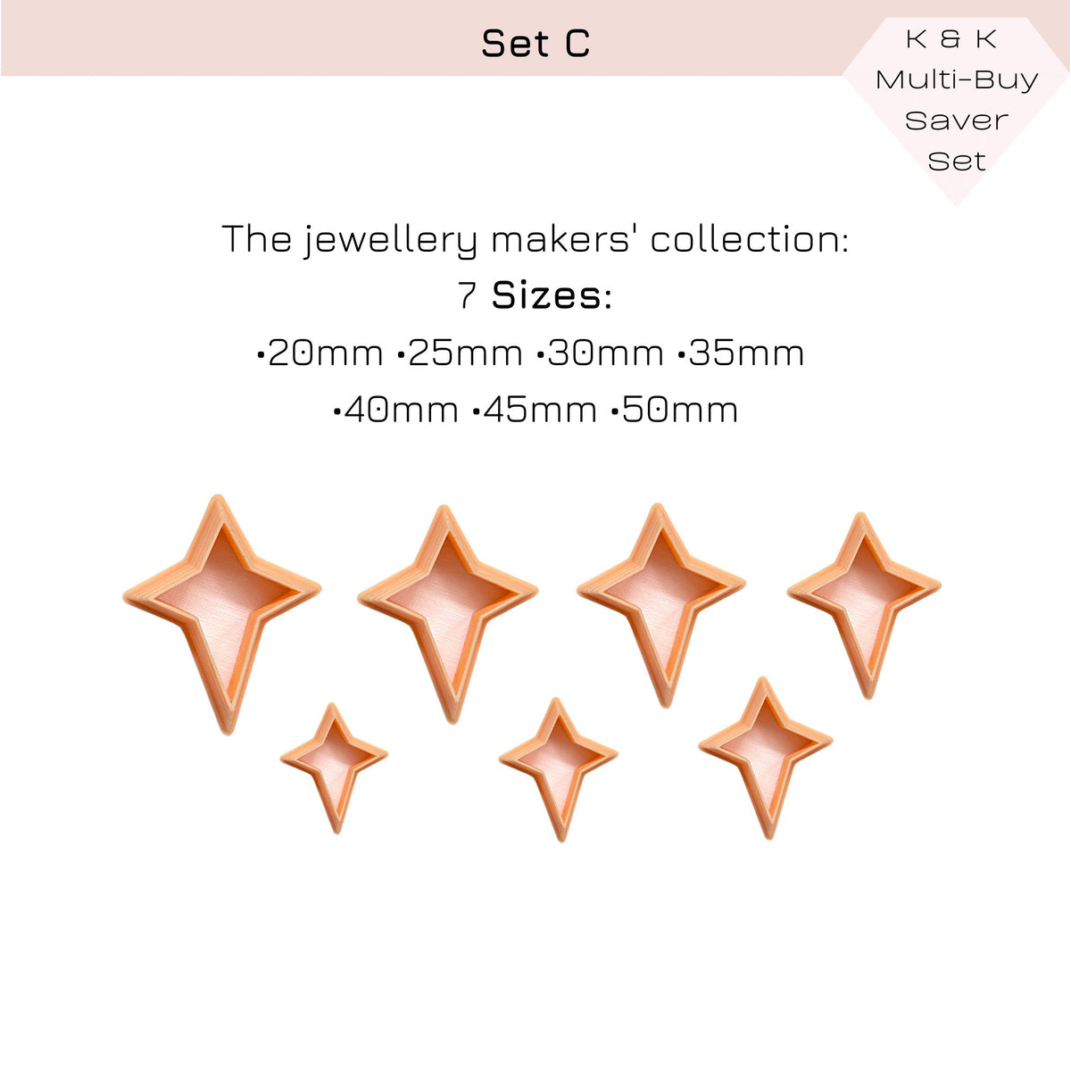 Promotional graphic for a jewelry makers' collection set labeled 'Set C' with text listing seven sizes and six star-shaped clay cutters on a white background.