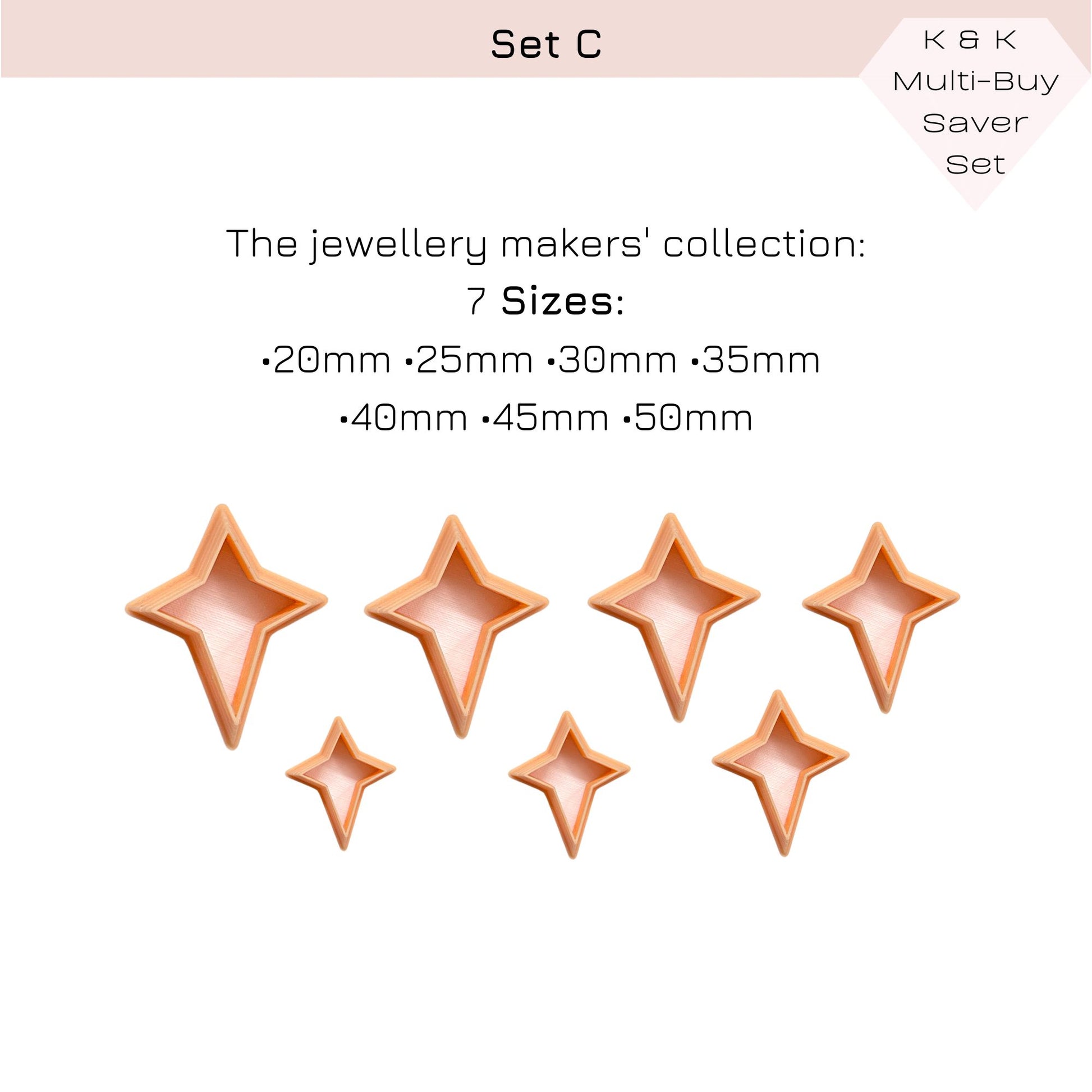 Promotional graphic for a jewelry makers' collection set labeled 'Set C' with text listing seven sizes and six star-shaped clay cutters on a white background.