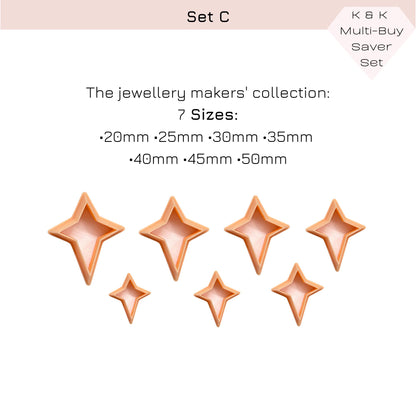 Promotional graphic for a jewelry makers' collection set labeled 'Set C' with text listing seven sizes and six star-shaped clay cutters on a white background.