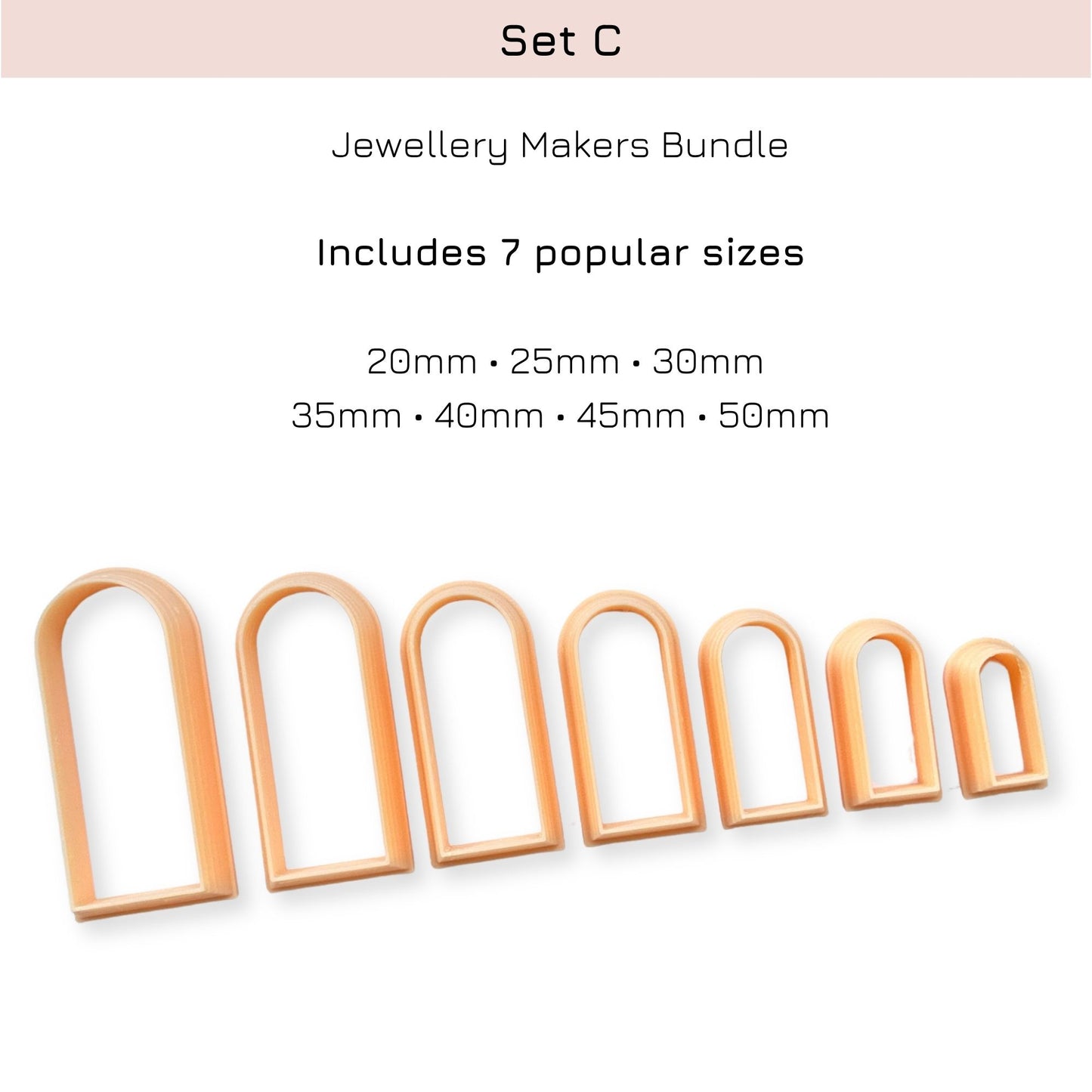 Jewellery making slim arch clay cutters set of 7 with dimensions on a white background