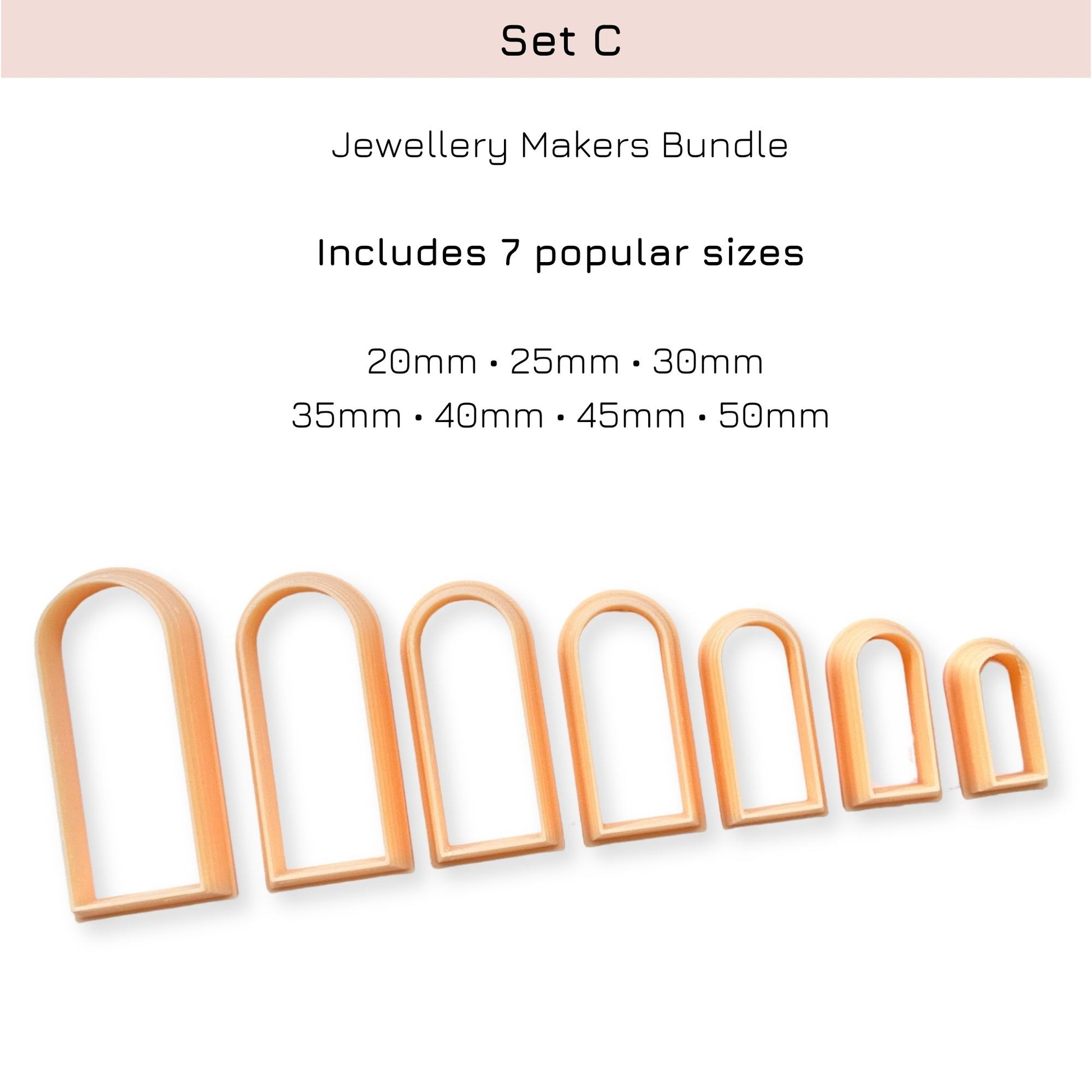 Jewellery making slim arch clay cutters set of 7 with dimensions on a white background