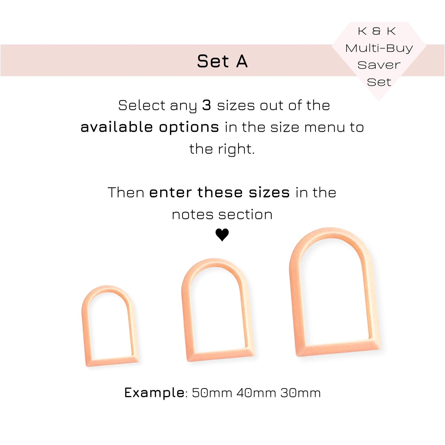 Product size selection guide for a set with three arch clay cutters and text instructions on a white background.