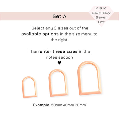 Product size selection guide for a set with three arch clay cutters and text instructions on a white background.