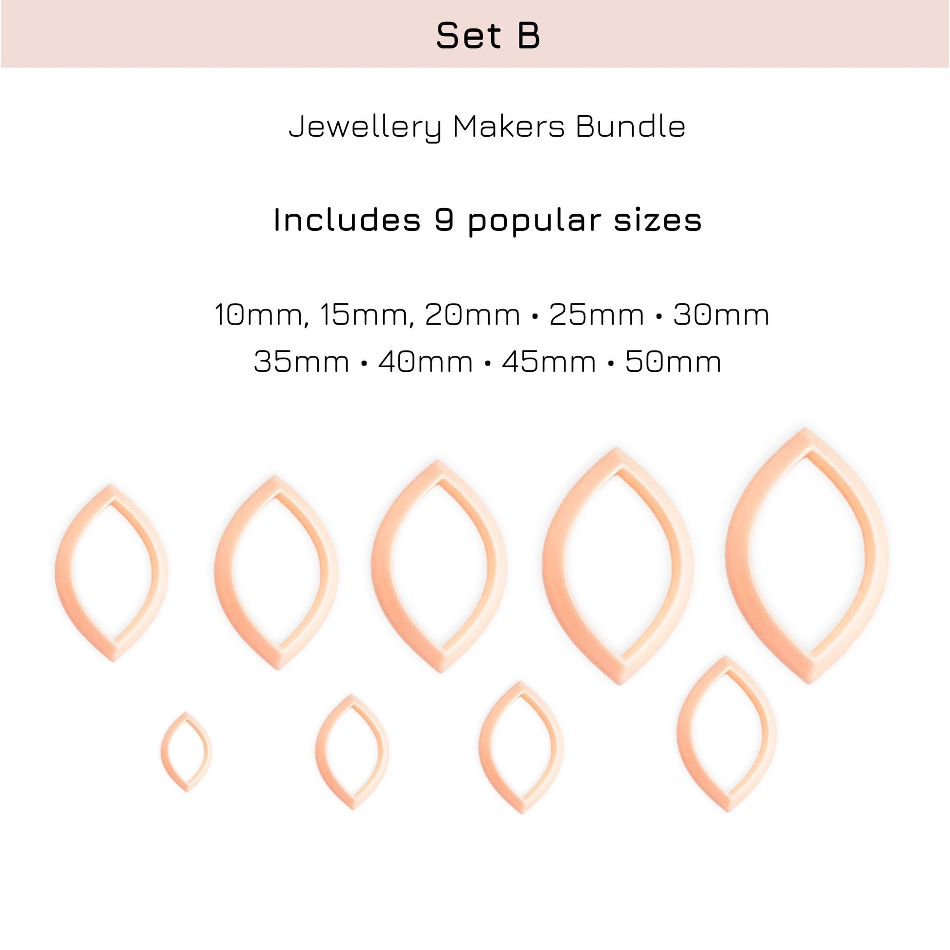 Jewellery makers bundle with 9 popular sizes of oval marquise clay cutters on a white background.