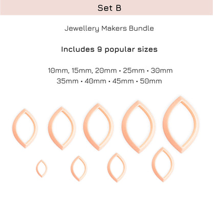 Jewellery makers bundle with 9 popular sizes of oval marquise clay cutters on a white background.