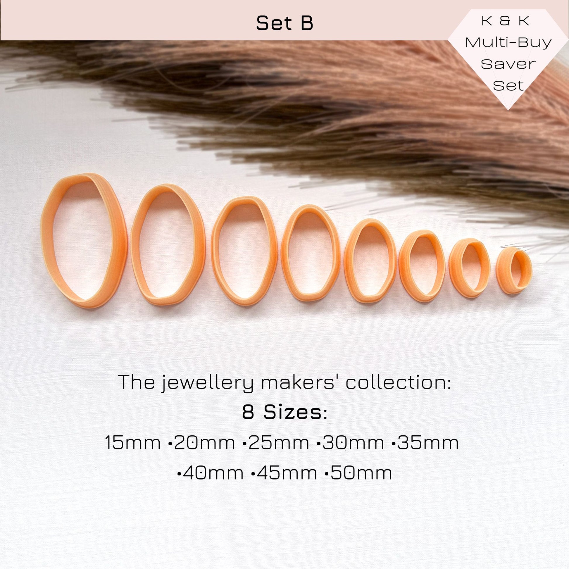 A set of peach-colored clay cutters - oval organic shape, shown in ascending sizes on a white background and text listing the collection and available sizes.