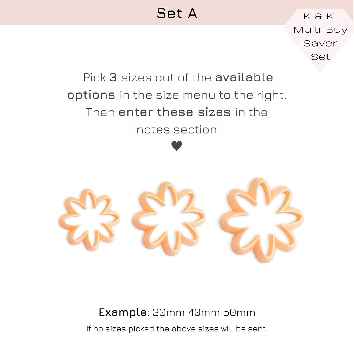 Set A Makers Bundle showing three flower-shaped cutter sizes. Pick your own sizes. displayed on a clean white background with descriptive text above.