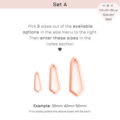 Instruction graphic for a K&K Multi-Buy Saver Set showing three tapered crystal-shape clay cutters labeled Set A, with text explaining that the customer should pick 3 sizes out of the available options and enter them in the notes section.