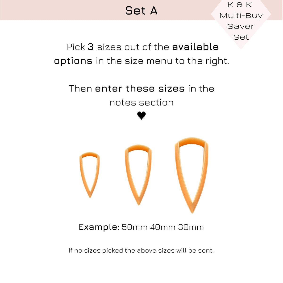 Instruction graphic for a multi-buy set of three orange clay cutters, showing three different sizes (50mm, 40mm, 30mm) with text instructions on how to select sizes from the menu and enter them in the notes section.