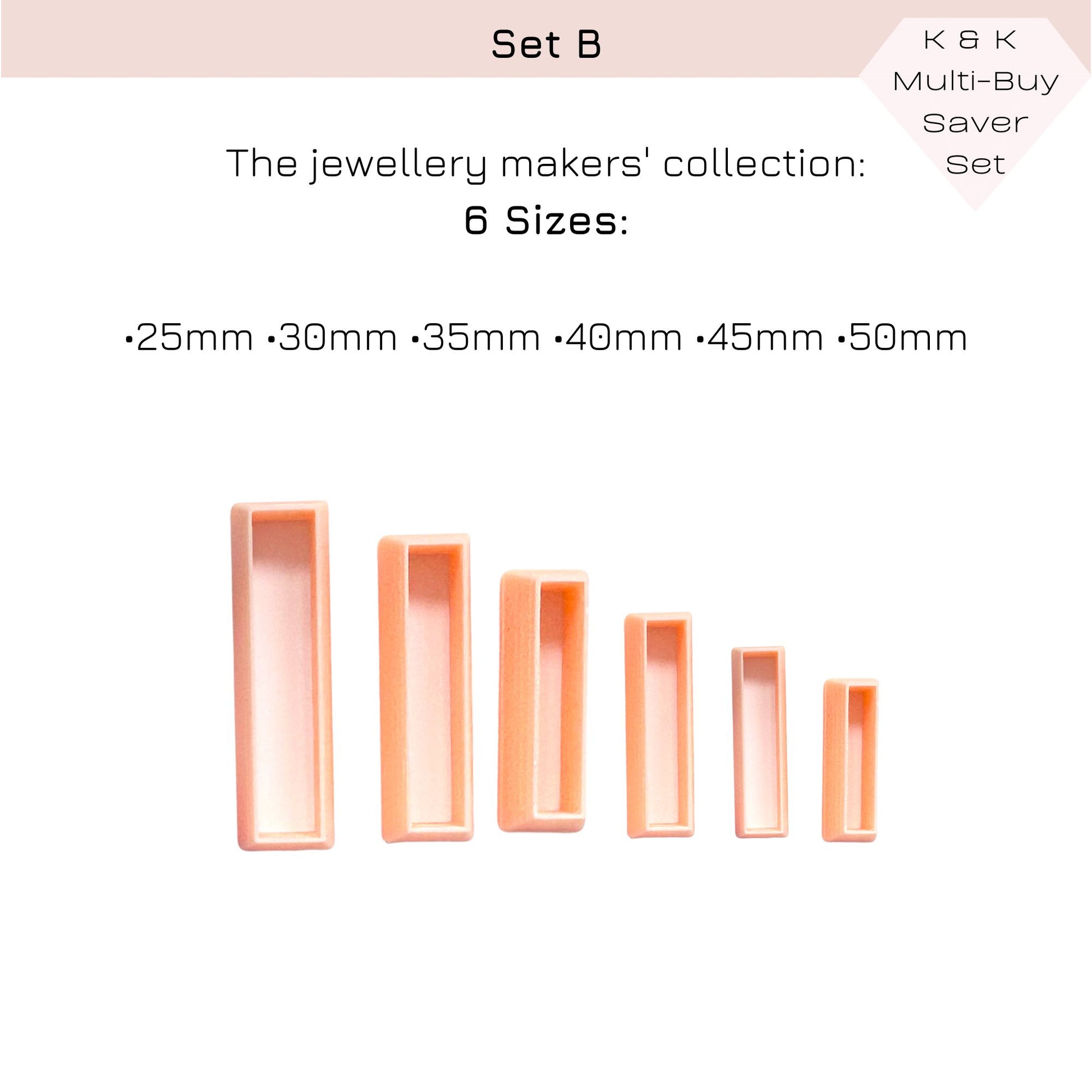 Six peach-colored rectangular clay cutters shown in ascending size order on a white background, with text above reading 'Set C', 'The jewellery makers' collection:', '6 Sizes:', and size options from 25mm to 50mm.