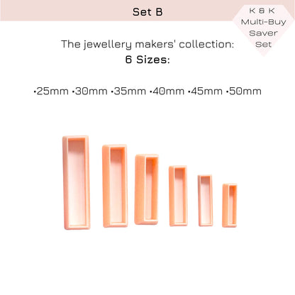 Six peach-colored rectangular clay cutters shown in ascending size order on a white background, with text above reading 'Set C', 'The jewellery makers' collection:', '6 Sizes:', and size options from 25mm to 50mm.