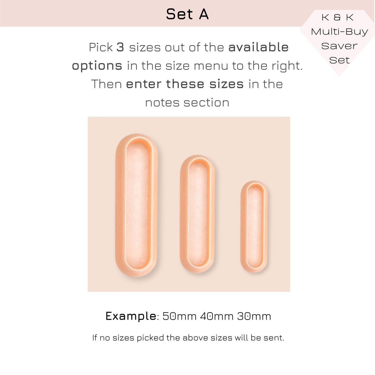 Instruction graphic for a multi-buy set showing three elongated oval-shaped clay cutters in different sizes on a pale peach background, with text explaining that the shopper should pick 3 sizes from the available options and enter them in the notes section.