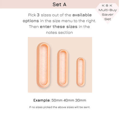 Instruction graphic for a multi-buy set showing three elongated oval-shaped clay cutters in different sizes on a pale peach background, with text explaining that the shopper should pick 3 sizes from the available options and enter them in the notes section.