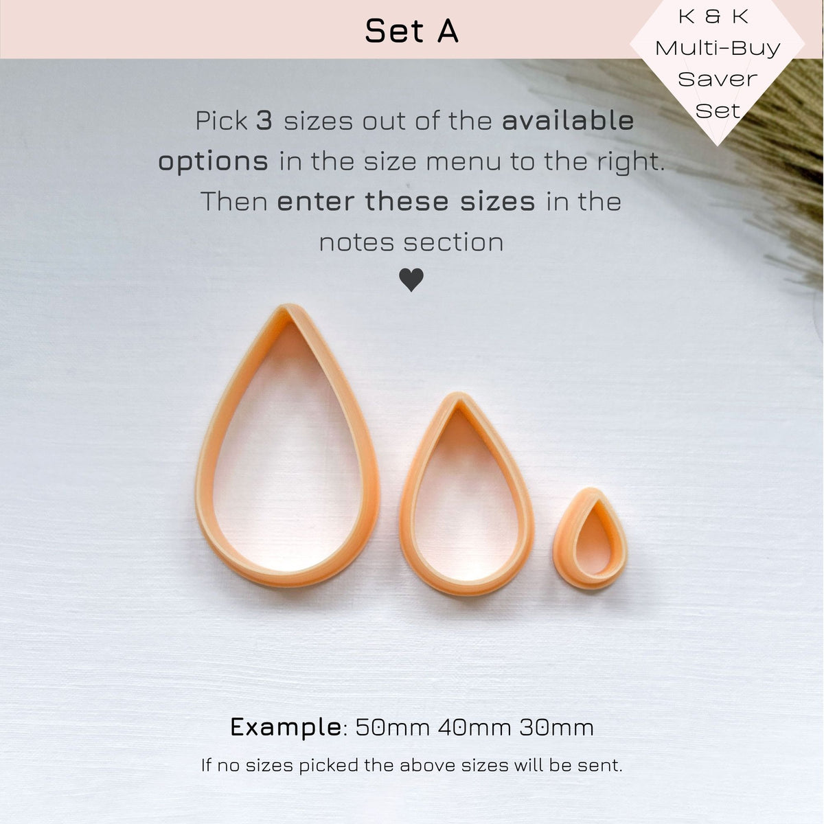 A saver set of 3 peach-coloured teardrop plastic clay cutters in various sizes, -pick your 3 sizes -  The cutters are shaped like petals or raindrops