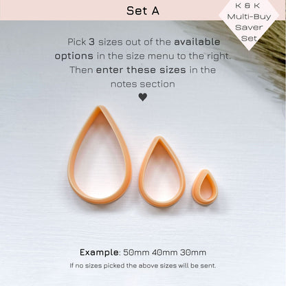 A saver set of 3 peach-coloured teardrop plastic clay cutters in various sizes, -pick your 3 sizes -  The cutters are shaped like petals or raindrops